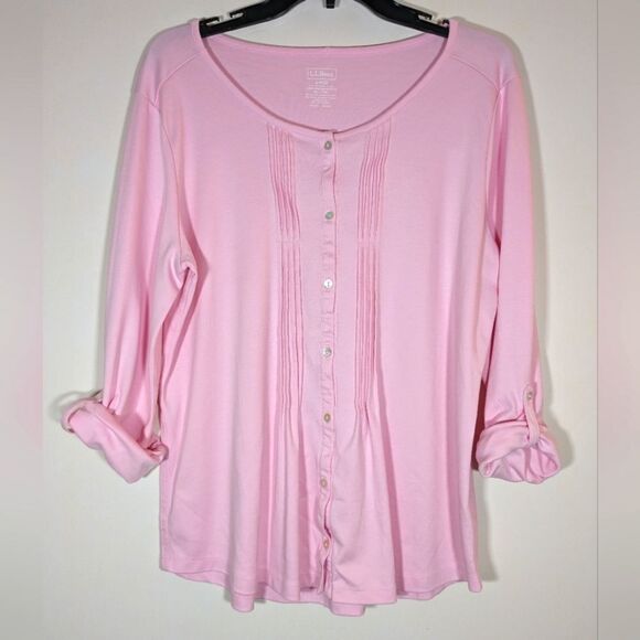 L.L. Bean Tops - L.L. Bean Pink Button Up Pleated Top 100% Supima Cotton Drop Sleeves Size Large